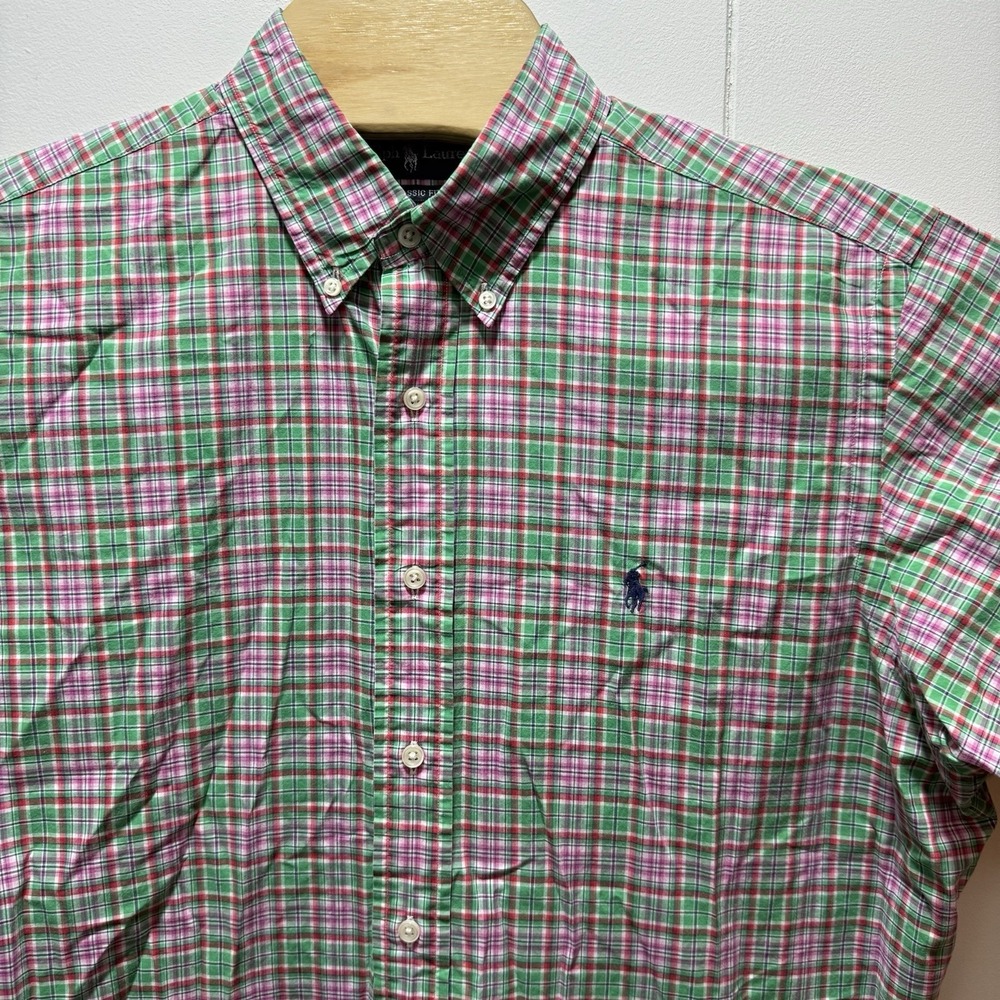 Ralph Lauren Shirt Mens Size Large Short Sleeve Button Up Classic Fit Plaid